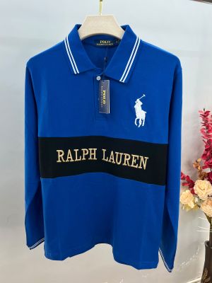 Ralp Lauren Blue Premium Imported Cotton Matty Fabric Polo Full Sleeves Tshirt with Front Design and Embroidered logo 4439