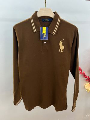 Ralp Lauren Brown Premium Imported Cotton Matty Fabric Polo Full Sleeves Tshirt with Front Design and Embroidered logo 4438