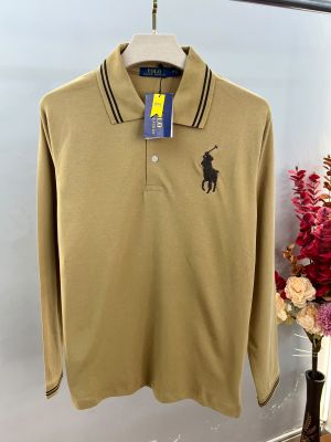 Ralp Lauren Beige Premium Imported Cotton Matty Fabric Polo Full Sleeves Tshirt with Front Design and Embroidered logo 4445