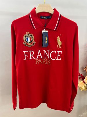 Ralp Lauren Red Premium Imported Cotton Matty Fabric Polo Full Sleeves Tshirt with Front Design and Embroidered logo 4440