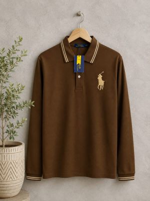 Ralp Lauren Brown Premium Imported Cotton Matty Fabric Polo Full Sleeves Tshirt with Front Design and Embroidered logo 4438