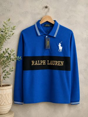 Ralp Lauren Blue Premium Imported Cotton Matty Fabric Polo Full Sleeves Tshirt with Front Design and Embroidered logo 4439