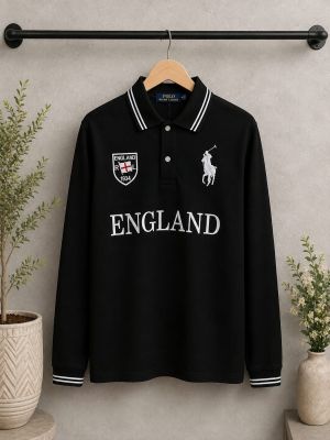 Ralp Lauren Black Premium Imported Cotton Matty Fabric Polo Full Sleeves Tshirt with Front Design and Embroidered logo 4444