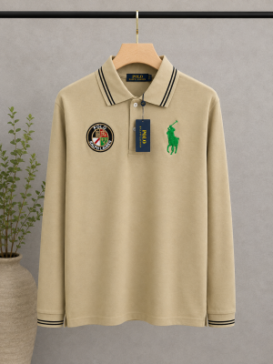 Ralp Lauren Cream Premium Imported Cotton Matty Fabric Polo Full Sleeves Tshirt with Front Design and Embroidered logo 4442