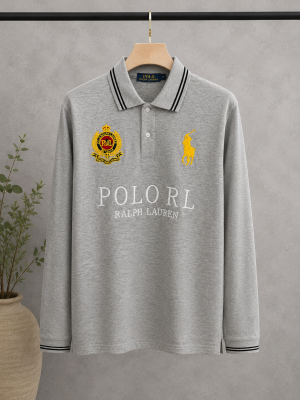 Ralp Lauren Grey Premium Imported Cotton Matty Fabric Polo Full Sleeves Tshirt with Front Design and Embroidered logo 4443