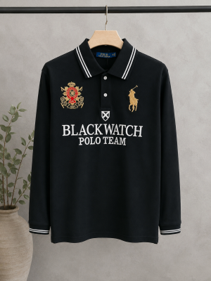 Ralp Lauren Black Premium Imported Cotton Matty Fabric Polo Full Sleeves Tshirt with Front Design and Embroidered logo 4437