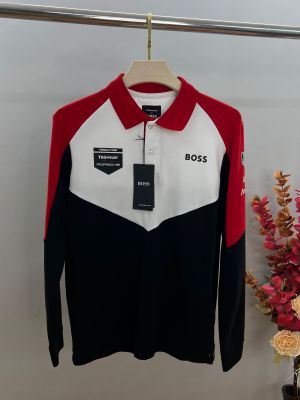 Boss x Porsch White Red Premium Cotton Lycra Pique fabric Polo Tshirt with Front & Back Logo 4453