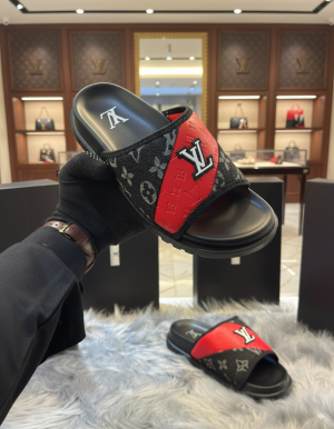 Lou - vuitton monogram black red premium slides