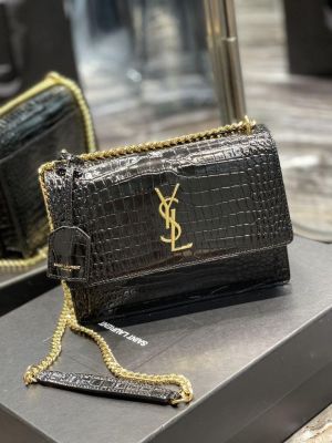 Ysl Saint Laurent Sunset shoulder bag features crocodile-embossed leather and signature gold-tone YSL hardware With Box premium quality