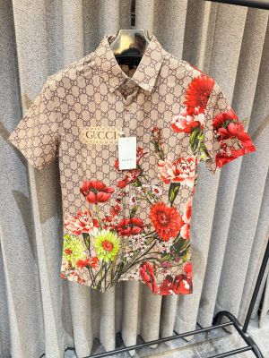 GUCCCI GG BROWN PREMIUM ROSE HALF SLEEVES SHIRT