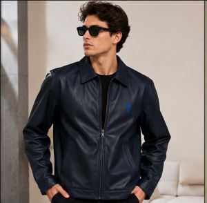  AMI PARIS BLACK BLUE  IMPORTED LEATHER JACKET