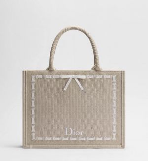 DIOOR Book Tote with Strap beige embroidery and white woven grosgrain With Orignal BoxExtra StrapRiboon 
