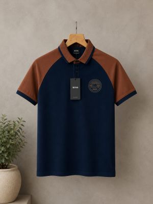 Boss x Porsch e Navy Premium Cotton Lycra Pique fabric Polo Tshirt with Front Design and Patch Logo 4377