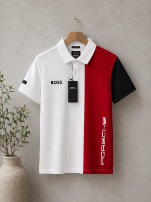 Boss x Porsch e White Premium Cotton Lycra Pique fabric Polo Tshirt with Front Design and Emboss Logo 4378