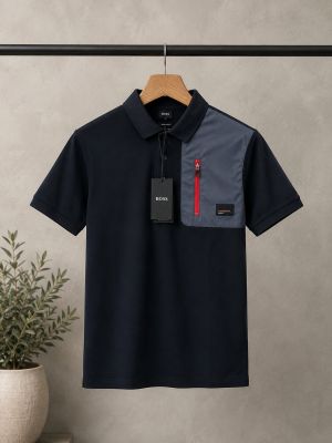 Boss x Porsch e Black Premium Cotton Lycra Pique fabric Polo Tshirt with Front Design and Patch Logo 4379