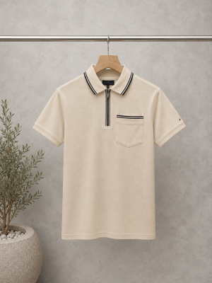 Tommy Hilfige Beige Premium Imported 240 GSM Interlock Lycra Fabric Polo Tshirt with Collar Design Zip Style and Pocket 4083