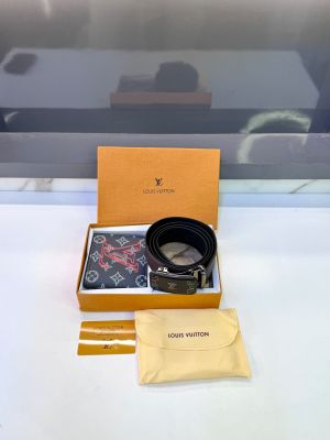 Lv_Loui Black Blue Belt & Wallet Combo Fa 1094