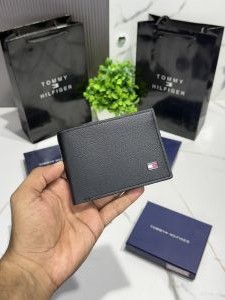 Tommy 089 black wallet with metal logo with og box and card and carry bag