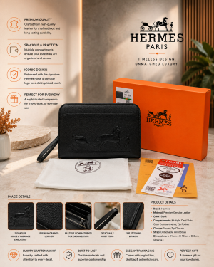 HERMEES WALLET CLUTCH PREMIUM LEATHER UNISEX POUCH  WITH HOLDER & OG BOX