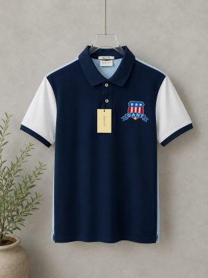 Gant Blue Premium Cotton Pique fabric Polo Tshirt with Front Design and Embroidered Logo 4431