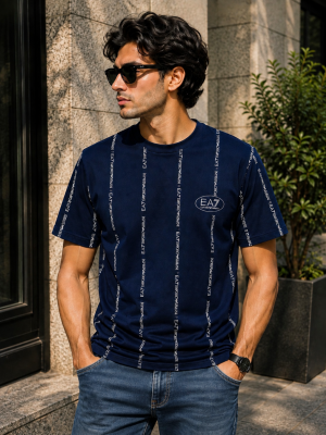 Emporio Arma Premium Monogram Print Navy Blue Tshirt 