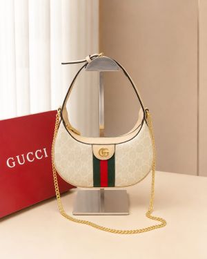 Guccci Ophidia Half Moon Small White Supreme Canvas Bag With OG Box Dust Cover & Carry Bag 066 Beige