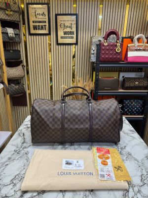 Loui Vuitton Keep All Bandouliere Checks Duffle Bag With Dust Bag (Brown)