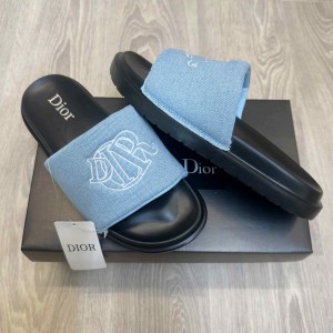 Christian Dio.r Circular Embroidered  Logo Premium Light Blue Black Slides