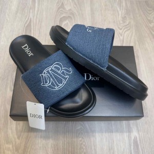 Christian Dio.r Circular Embroidered  Logo Premium Blue Black Slides