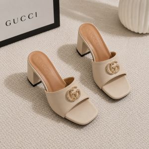 Guccci GG Logo Mid Heel Slide Sandal Apricot Interlocking G With OG Box & Carry Bag 2738 Apricot