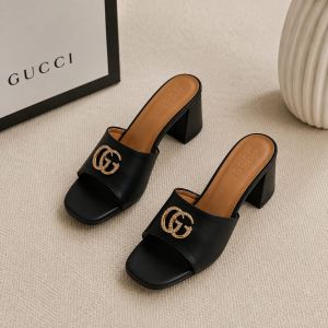 Guccci GG Logo Mid Heel Slide Sandal Black Interlocking G With OG Box & Carry Bag 2738 Black