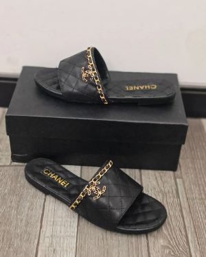 Channel Chain Leather Slide With OG Box & Dust Bag (Black - 1074)