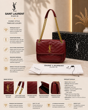 YSL SAINT LAURENT WINE NIKI CHAIN SHOULDER BAG PREMIUM VINTAGE LEATHER WITH OG BOX