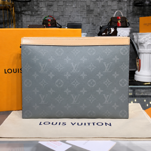Louiis Vuitton Pochette Voyage MM Clutch With Dust Cover & OG Box Grey Flower M61692