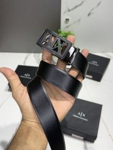 AX 014 silver outline metal buccal with leather reversible belt with og box 