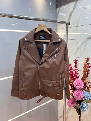 Zar Brown Imported Cross Zip Leather Jacket 3522