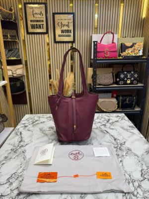 Hermees Picotin Lock Style Leather Tote Bag With Dust Bag (Wine)