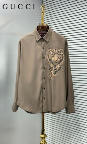 Gucc Tiger Diamond Logo Full Sleeves Shirt Coffee