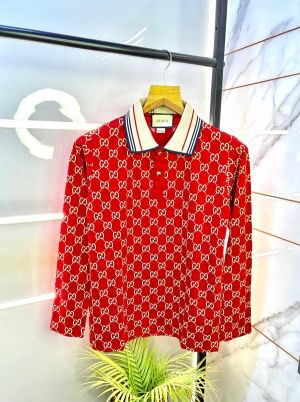 Sale Gucc  Red Monogram Full Sleeves Polo Neck Premium Collar T-shirt RED-M-F2130