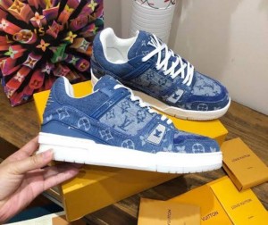 Lv Unveils Monogrammed Blue Denim LV 408 Trainer for SS20