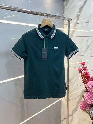 Hugo Bos Green Premium 240 gsm interlock compact cotton fabric Polo Tshirt with Collar Design and Emboss Logo 3745