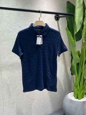 Tommy Hilfige Navy Premium Imported Compact Yarn 240 GSM Interlock Fabric Polo Tshirt with Allover Monogram Printed 4498