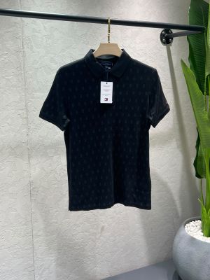Tommy Hilfige Black Premium Imported Compact Yarn 240 GSM Interlock Fabric Polo Tshirt with Allover Monogram Printed 4496