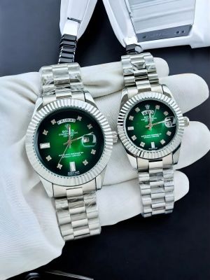 Roleex Couple Green Dial Two Tone Day Date Silver