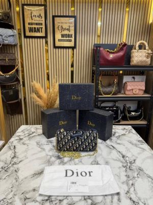Christian Dioor Oblique Jacquard Bow Chain Crossbody Bag (2800-Blue)