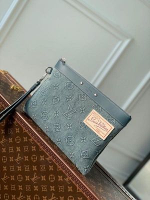 Lv Pochette To Go Monogram Washed Denim Canvas Clutch Bags Blue With OG Box & Dust Bag Tags Card Bill