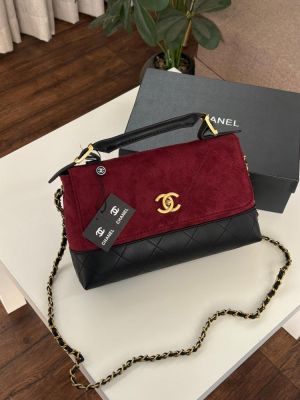 Chaneel Wine-Black Suede Top Handle Flap Bag With Box & Dust Bag -A035