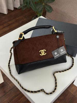 Chaneel Coffee-Black Suede Top Handle Flap Bag With Box & Dust Bag -A035