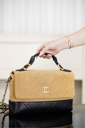 Chaneel Apricot-Black Suede Top Handle Flap Bag With Box & Dust Bag -A035
