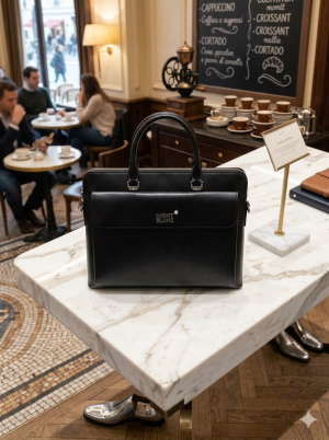 Montt_blanc_ Laptop bag from the Urban Collection is crafted from black leather and features the brands signature emblem on the front with Dust Cover premium quality